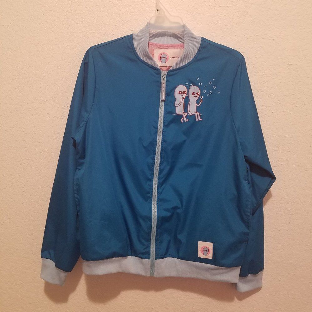 Strange Planet Nathan Pyle Alien Bubbles Blue Windbreaker Bomber Jacket Xs